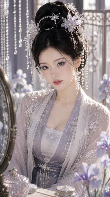 Oriental classical noblewoman iris mist silver pearl makeup portrait