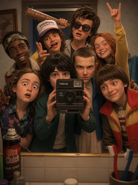 3d pixar style selfie of classic characters