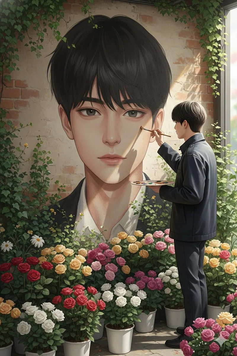 Artist painting realistic self portrait in cafe — After