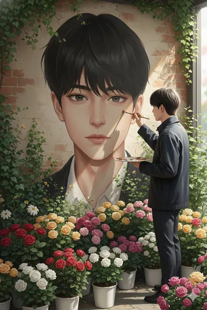 Artist painting realistic self portrait in cafe