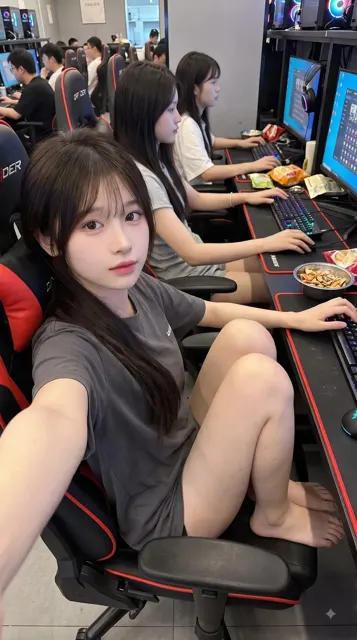 Photorealistic internet cafe smartphone selfie