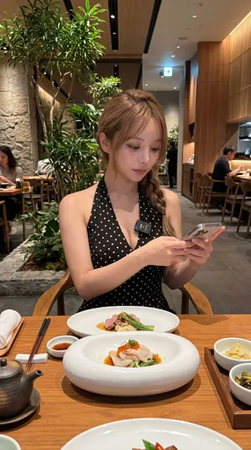 Fashionable woman dining modern asian restaurant vlog