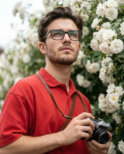 Vintage camera girl white flowers