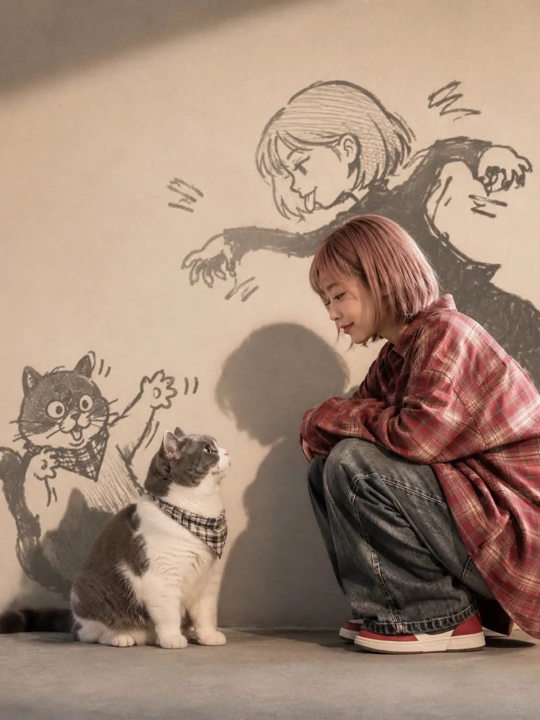 Cinematic woman cat anime doodle shadow — Sonra