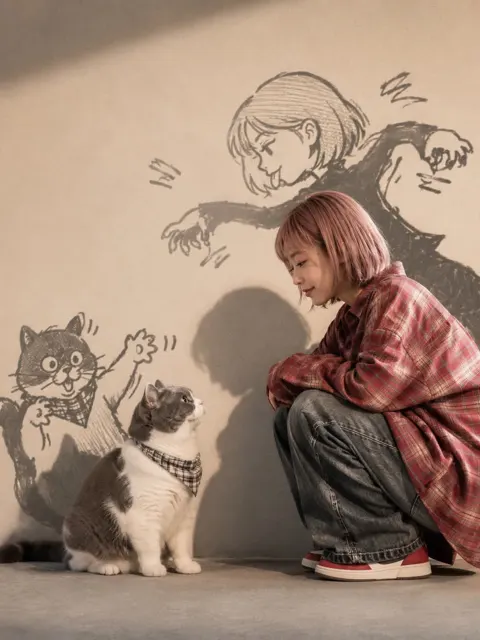 Cinematic woman cat anime doodle shadow