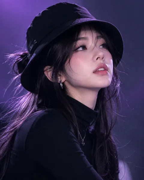 Korean woman black bucket hat fashion editorial