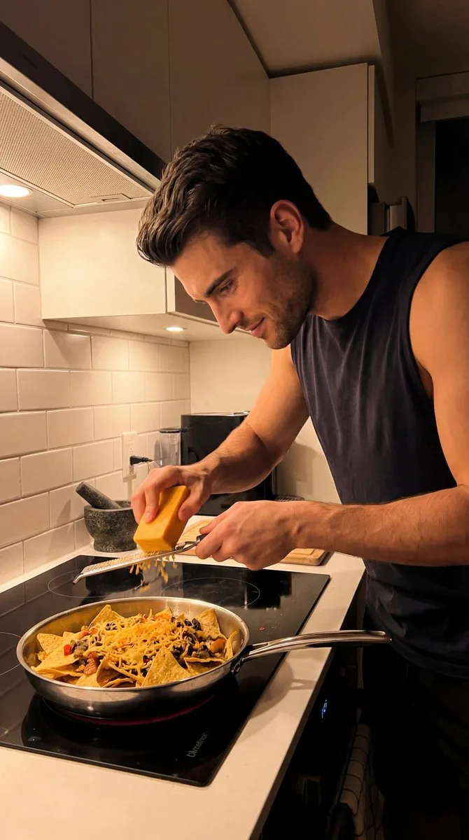 Warm light shirtless cooking home — Sonra