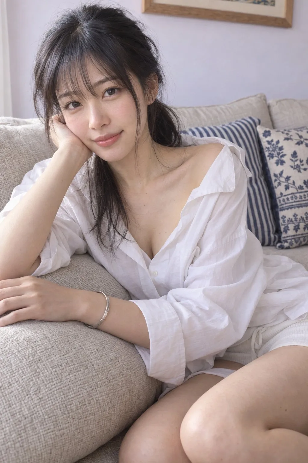 Lifestyle portrait east asian woman sofa hyperrealistic — Sonra