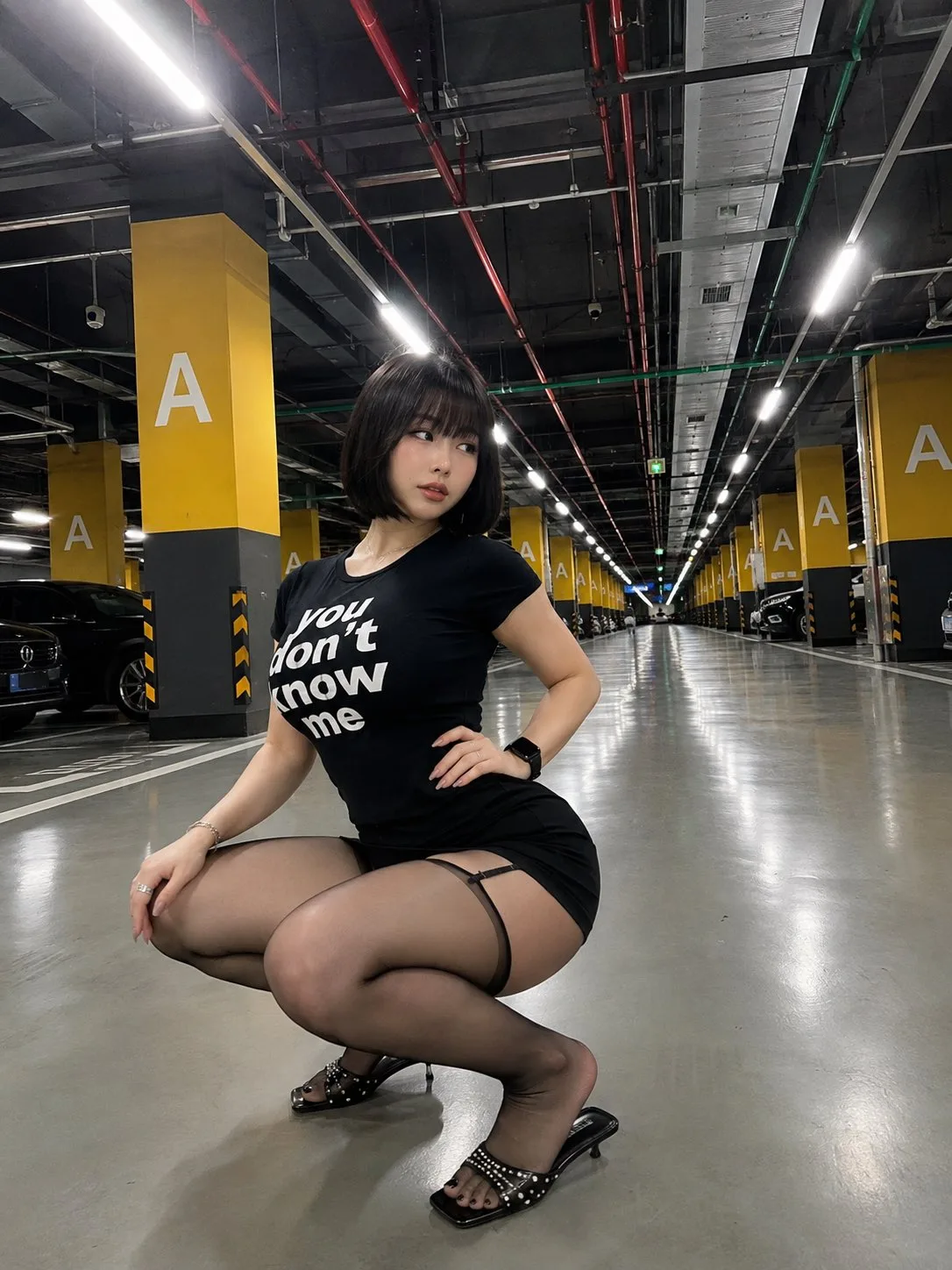 Realistic underground parking lot squatting portrait — Sonra