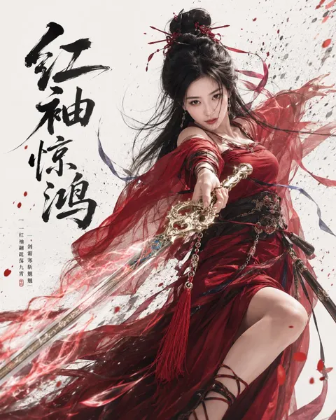 Oriental wuxia swordswoman ink style poster