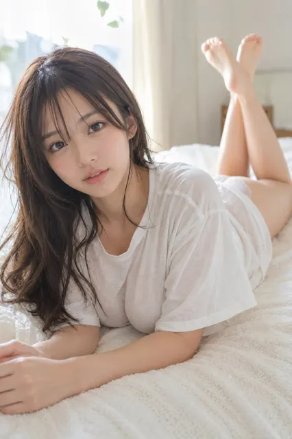 Japanese idol style white t shirt prone pose