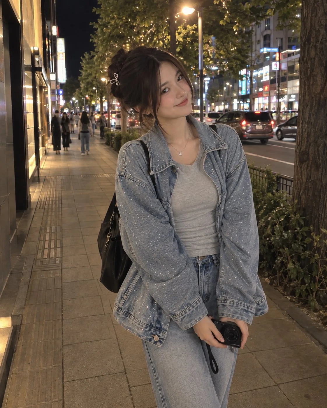 Nighttime street fashion denim girl with camera — Sonra