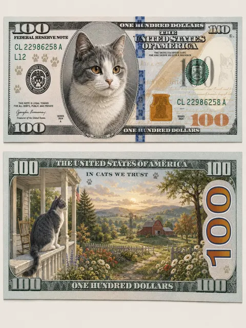 Ultra realistic fantasy cat banknote collectible