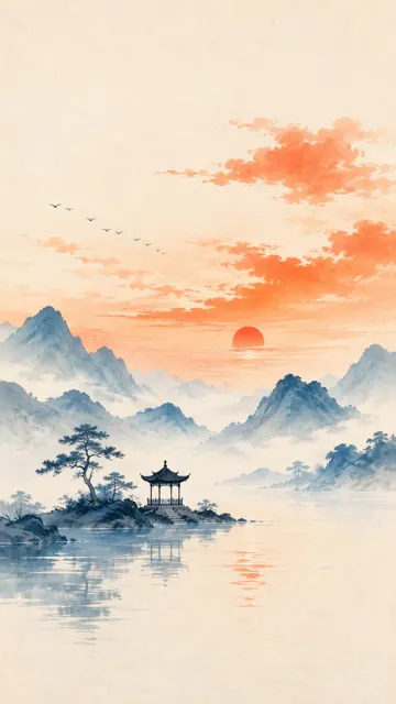 Oriental zen minimalist mountain pavilion illustration