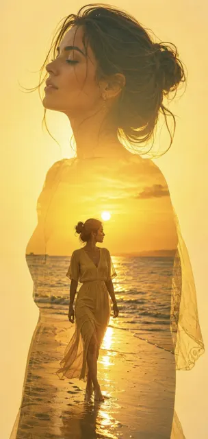 Ethereal double exposure woman beach sunset