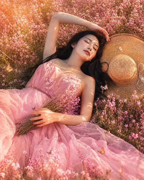 Lavender meadow east asian fashion editorial portrait