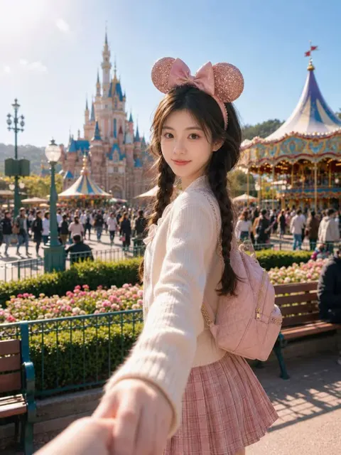 Realistic theme park follow me portrait