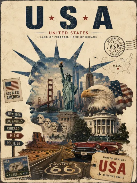 Vintage editorial travel poster collage style