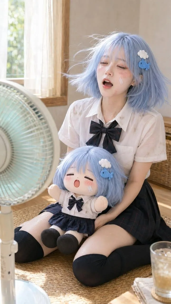 Realistic person and plush doll summer fan cooling — Sonra