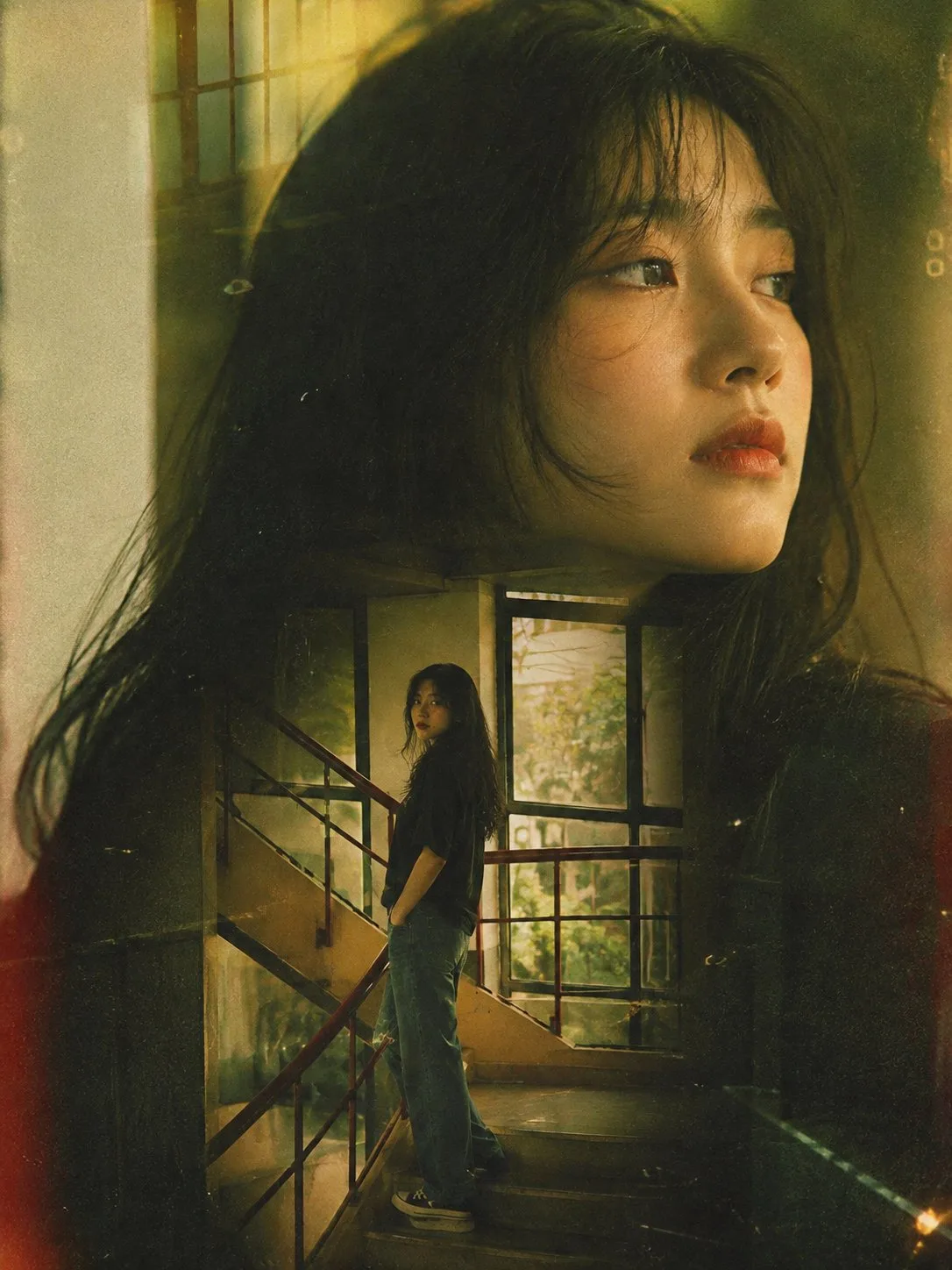 Cinematic vintage double exposure woman portrait — After