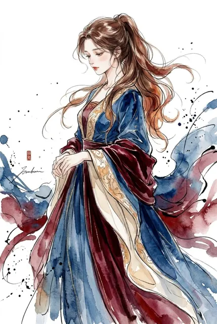 Elegant watercolor ink illustration traditional woman