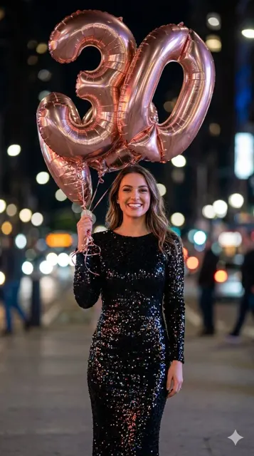 Black dress girl rosegold balloons