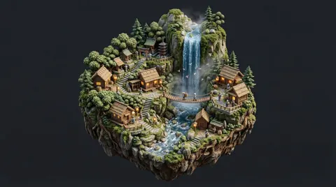 Floating waterfall forest diorama