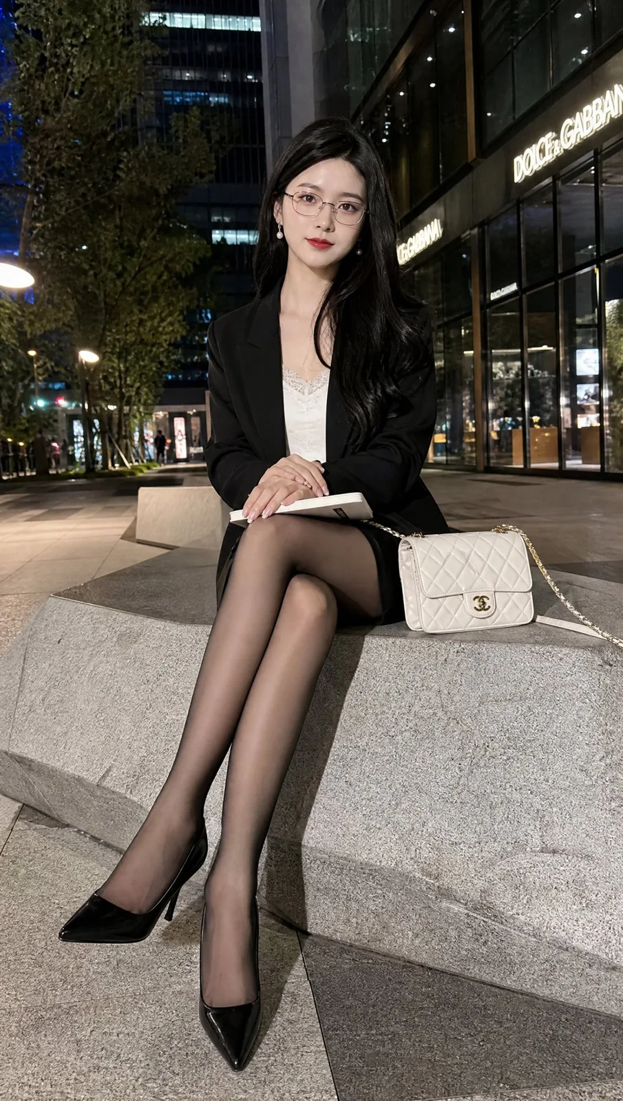 Young east asian woman night city square iphone photography — After