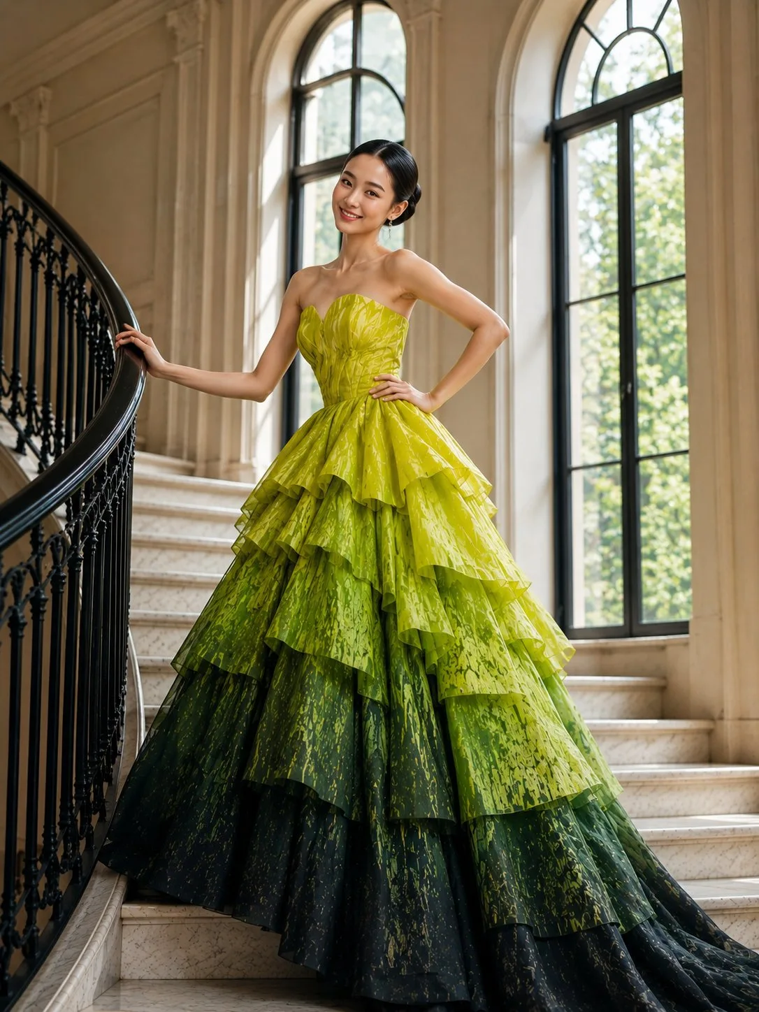 Elegant staircase gradient ballgown fashion editorial — Sonra