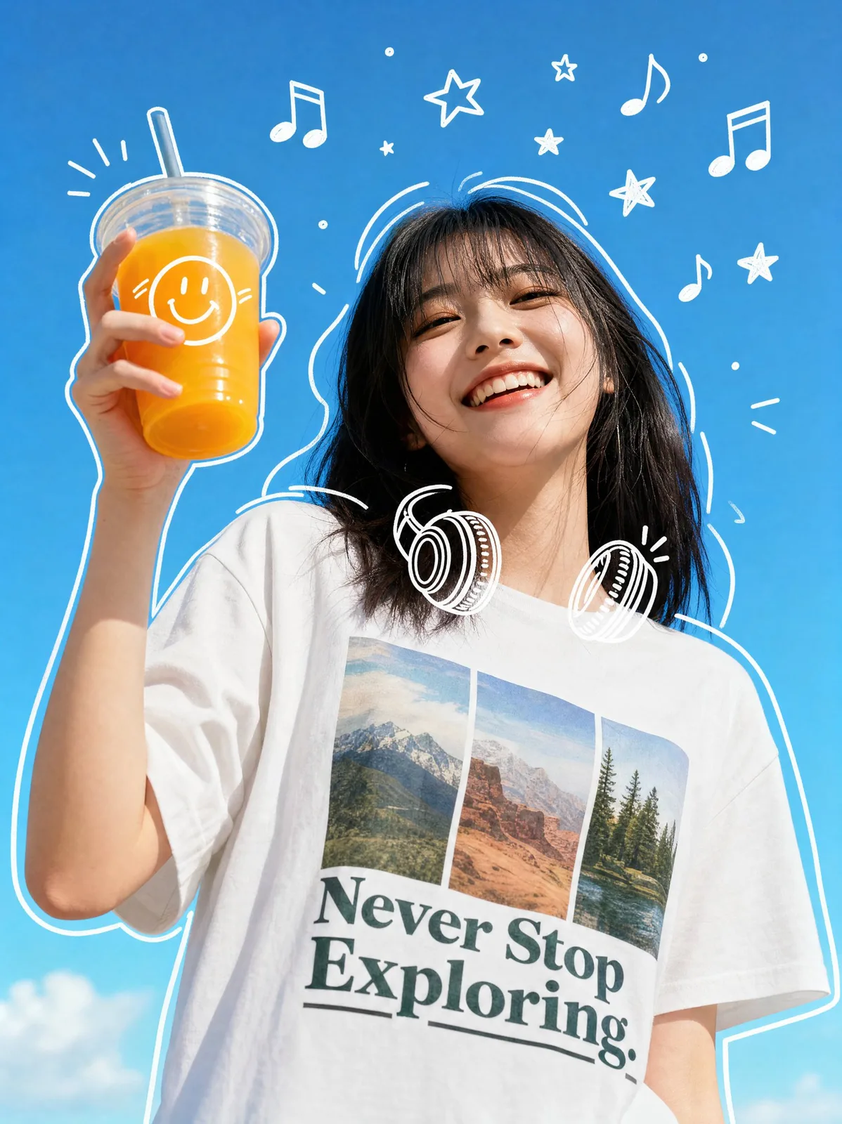 Joyful woman doodles orange juice — Sonra