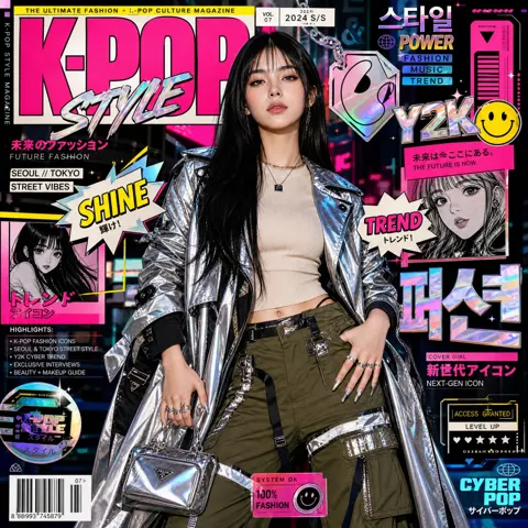 Hyper stylized kpop fashion magazine cover
