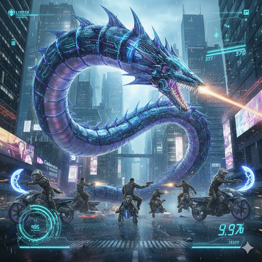 Cyberpunk leviathan epic battle — Sonra