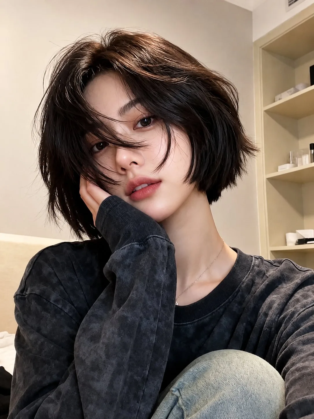 Ultra photorealistic east asian woman indoor selfie portrait — After