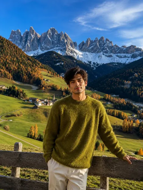 Woman moss green sweater european mountain valley travel portrait