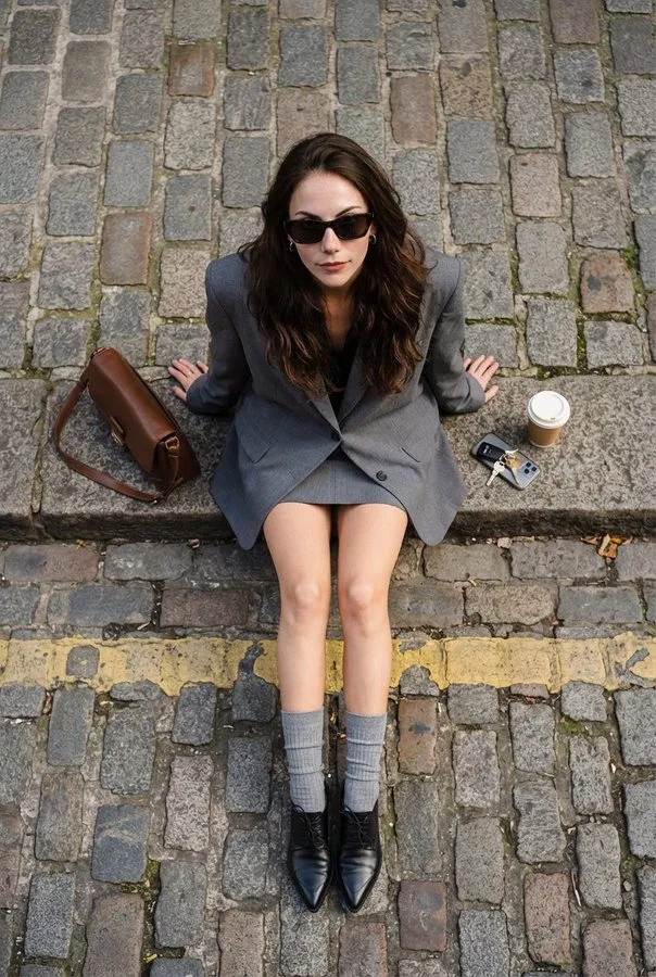 Overhead gray suit goddess — After