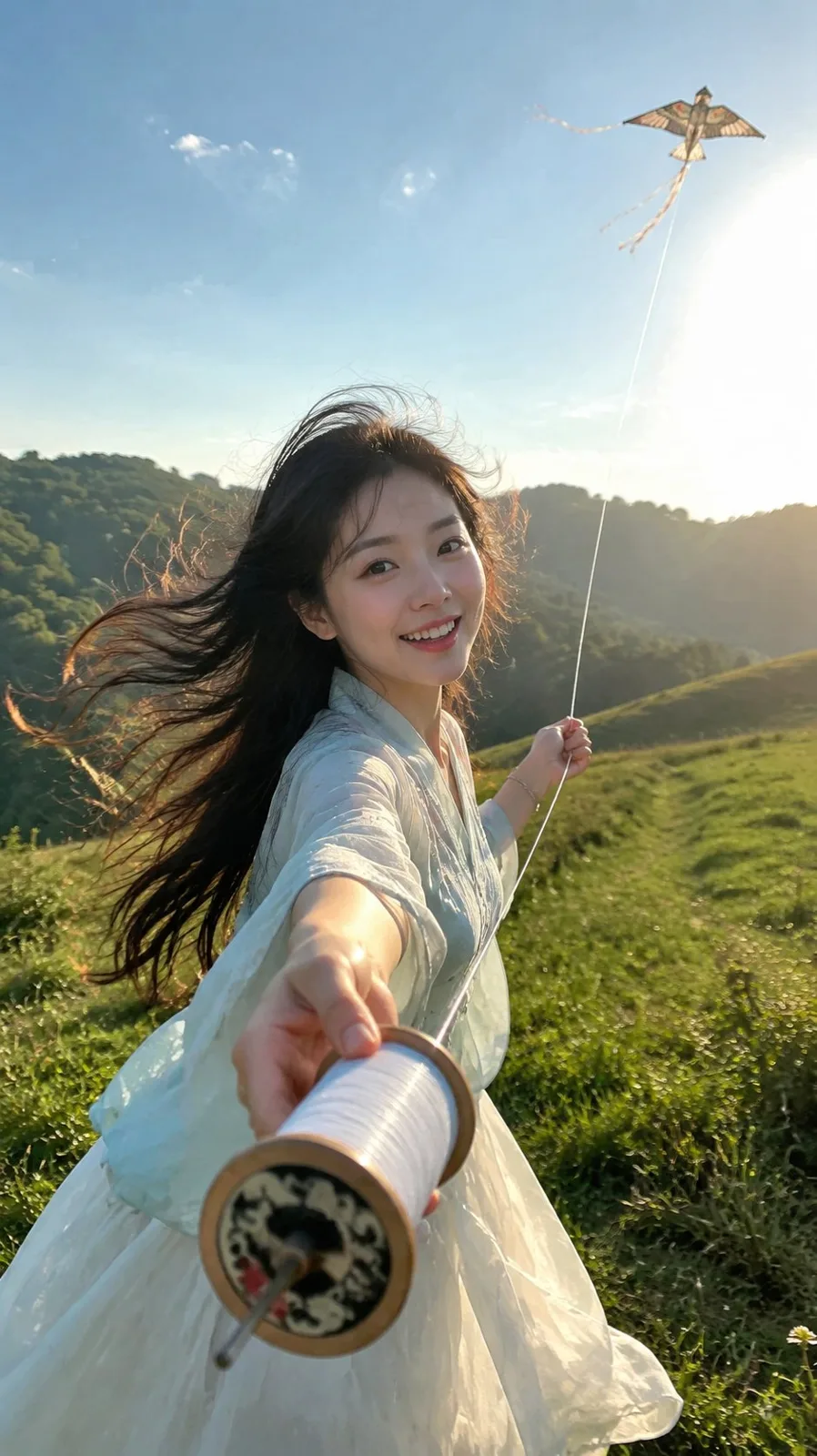 Ultra realistic pov summer kite flying portrait — Sonra