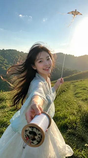 Ultra realistic pov summer kite flying portrait
