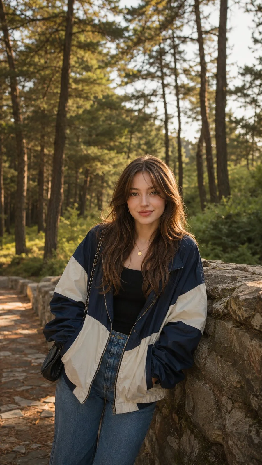 Outdoor portrait young woman pine forest golden hour — After
