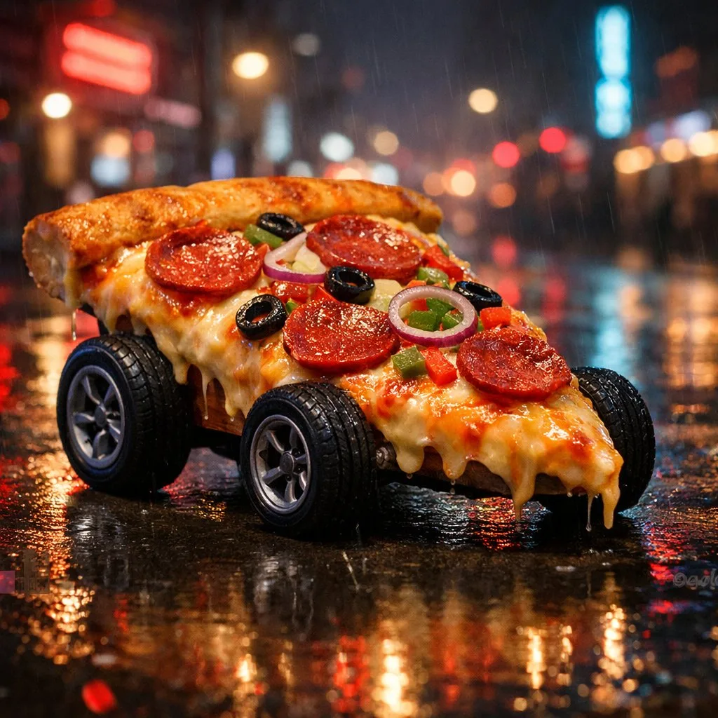 Cyberpunk pizza car neon rain — After