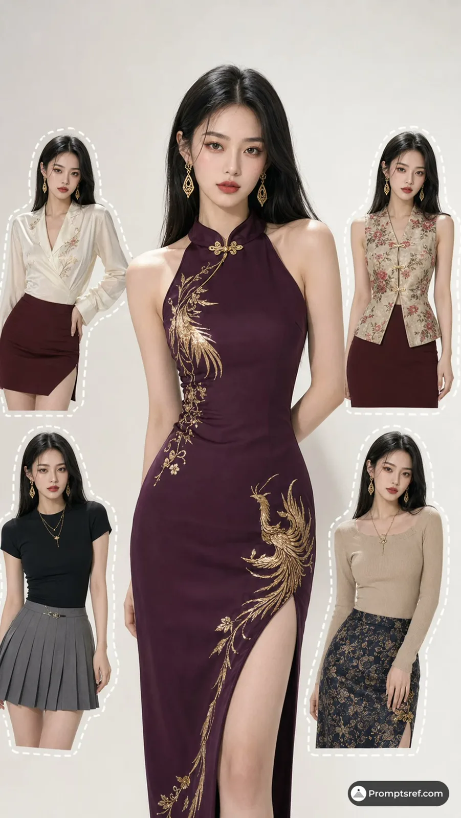 East asian fashion editor studio collage plum qipao dress — After