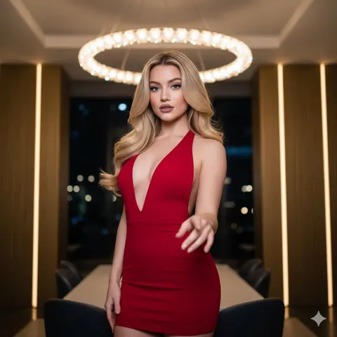 Blonde beauty red dress luxury night