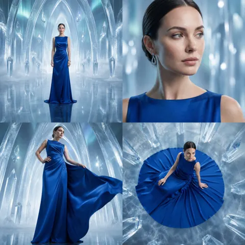 Futuristic ice palace blue gown editorial grid