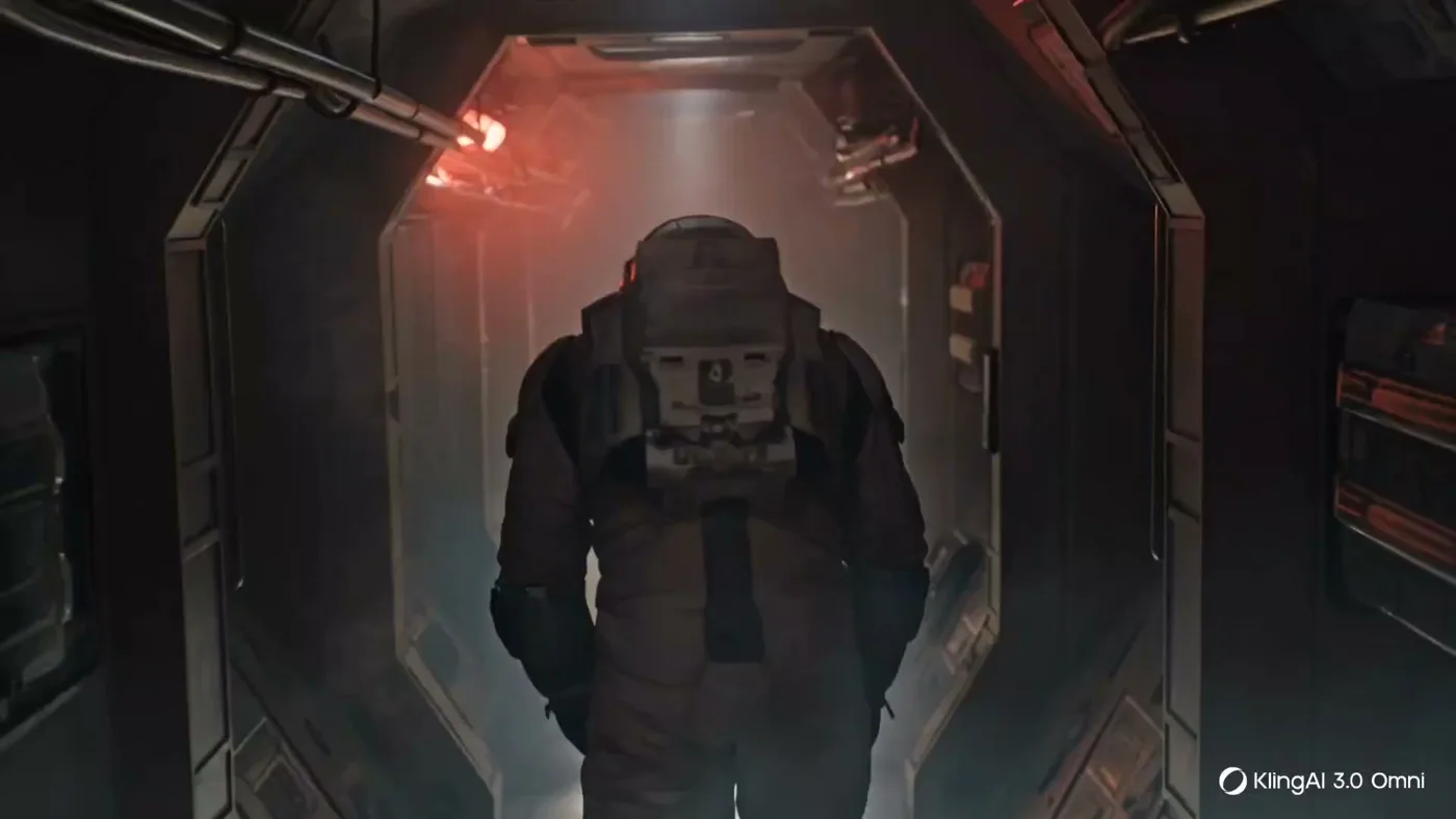 Tired astronaut dark corridor — Sonra