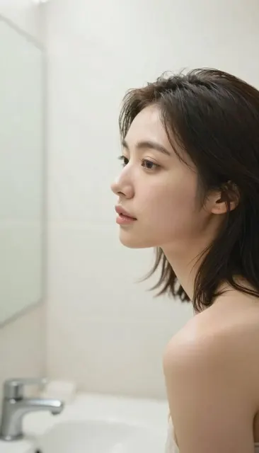 Photorealistic editorial portrait japanese korean woman bathroom