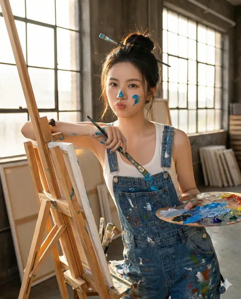 Playful artist in sunlit studio