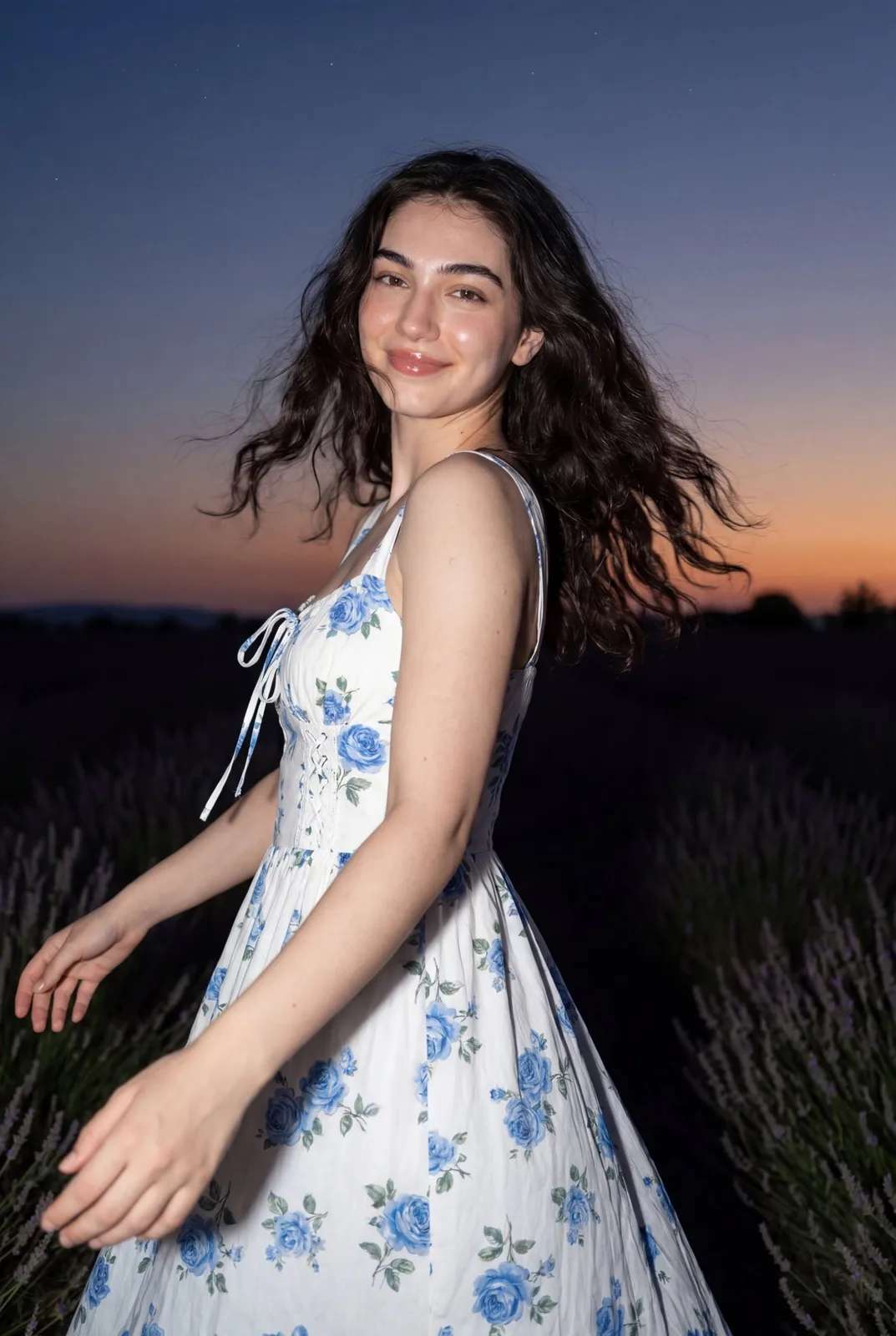 Y2k vintage floral sundress dusk portrait — After
