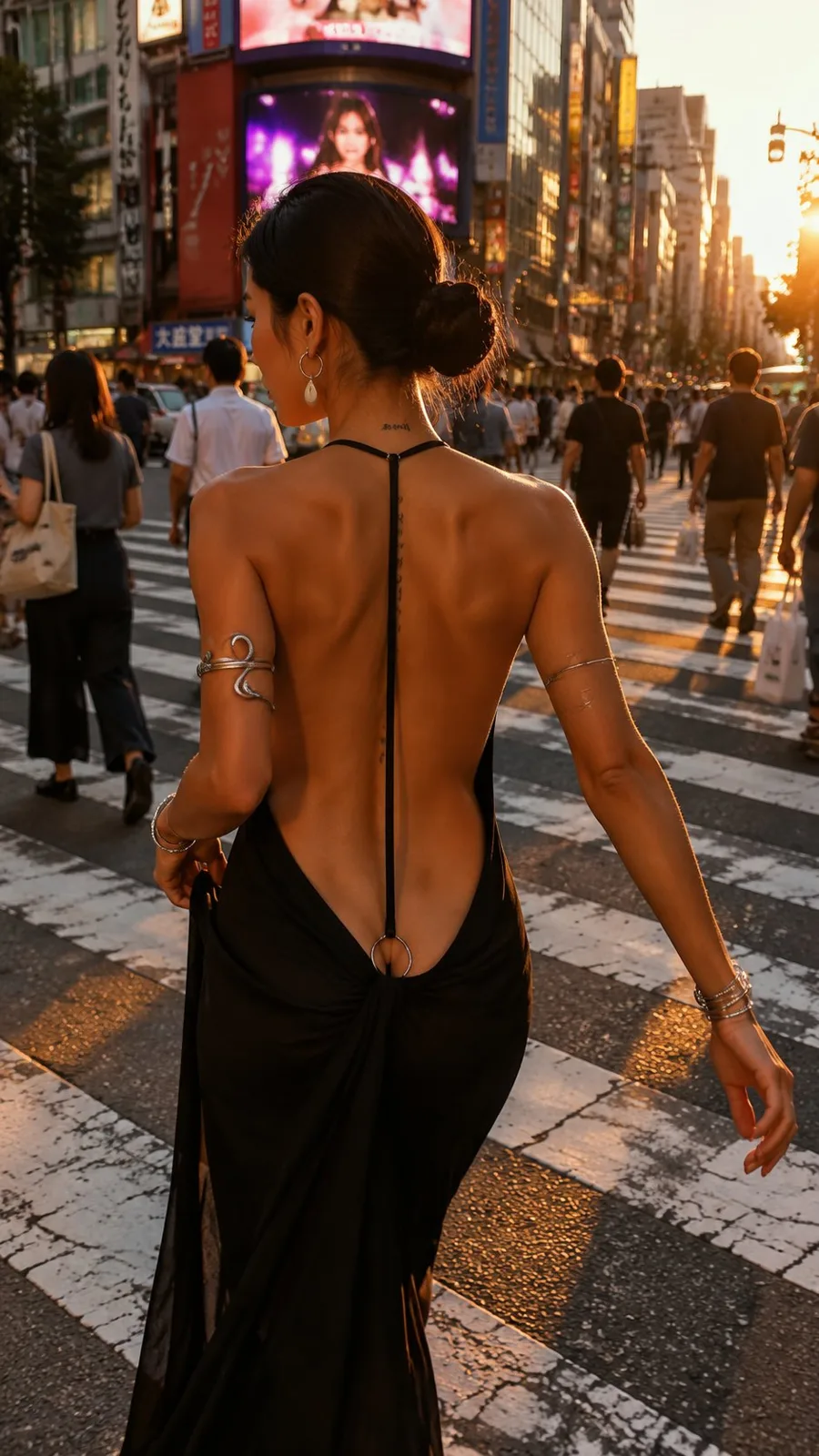 Shibuya crossing sunset backless gown snapshot — Sonra