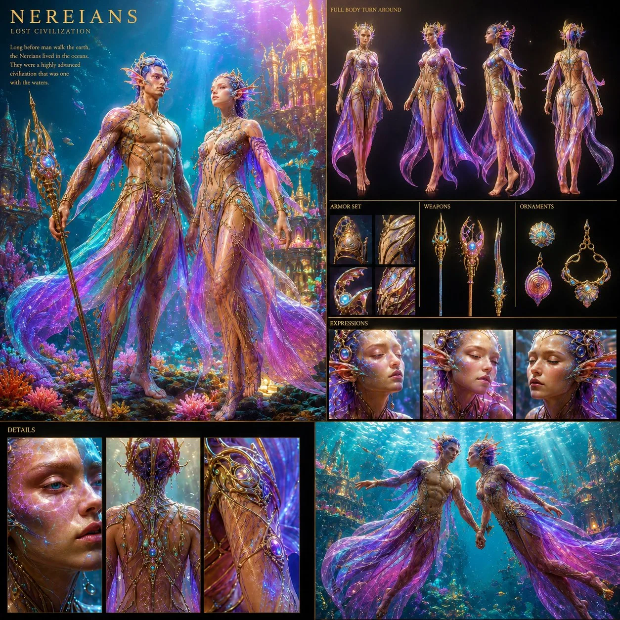 Surreal underwater lost civilization character board — Sonra