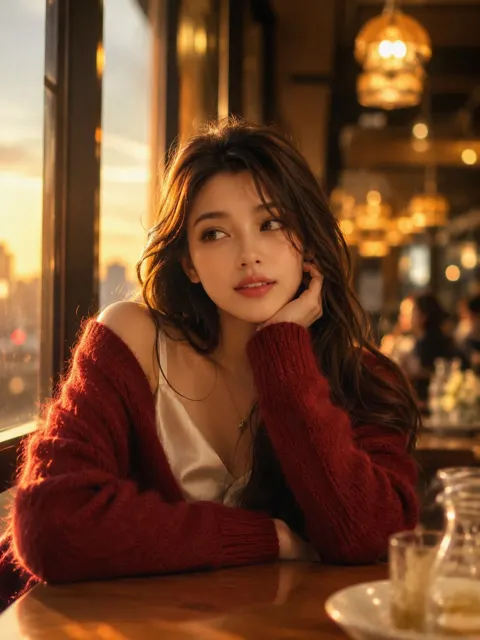 Ultra realistic cinematic cafe portrait red cardigan