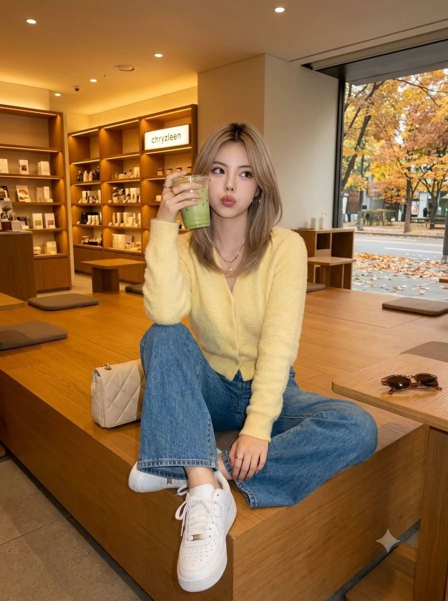 Autumn cafe seated woman y2k portrait — Sonra